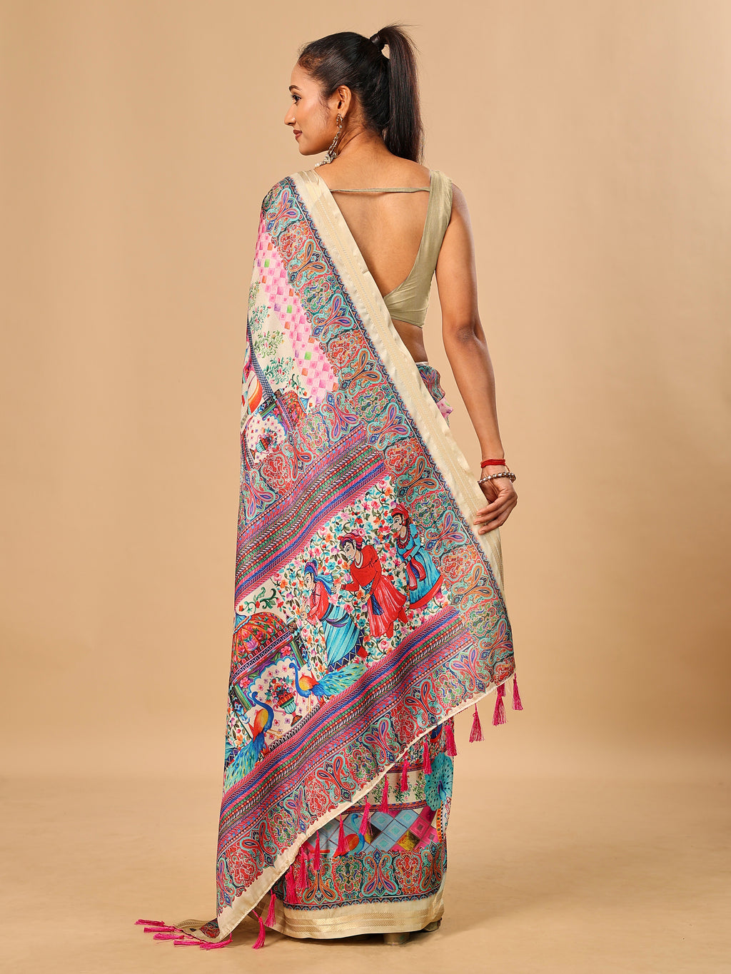 Cream Soft Tussar Silk Saree with Postion Pashmina Digital Prints