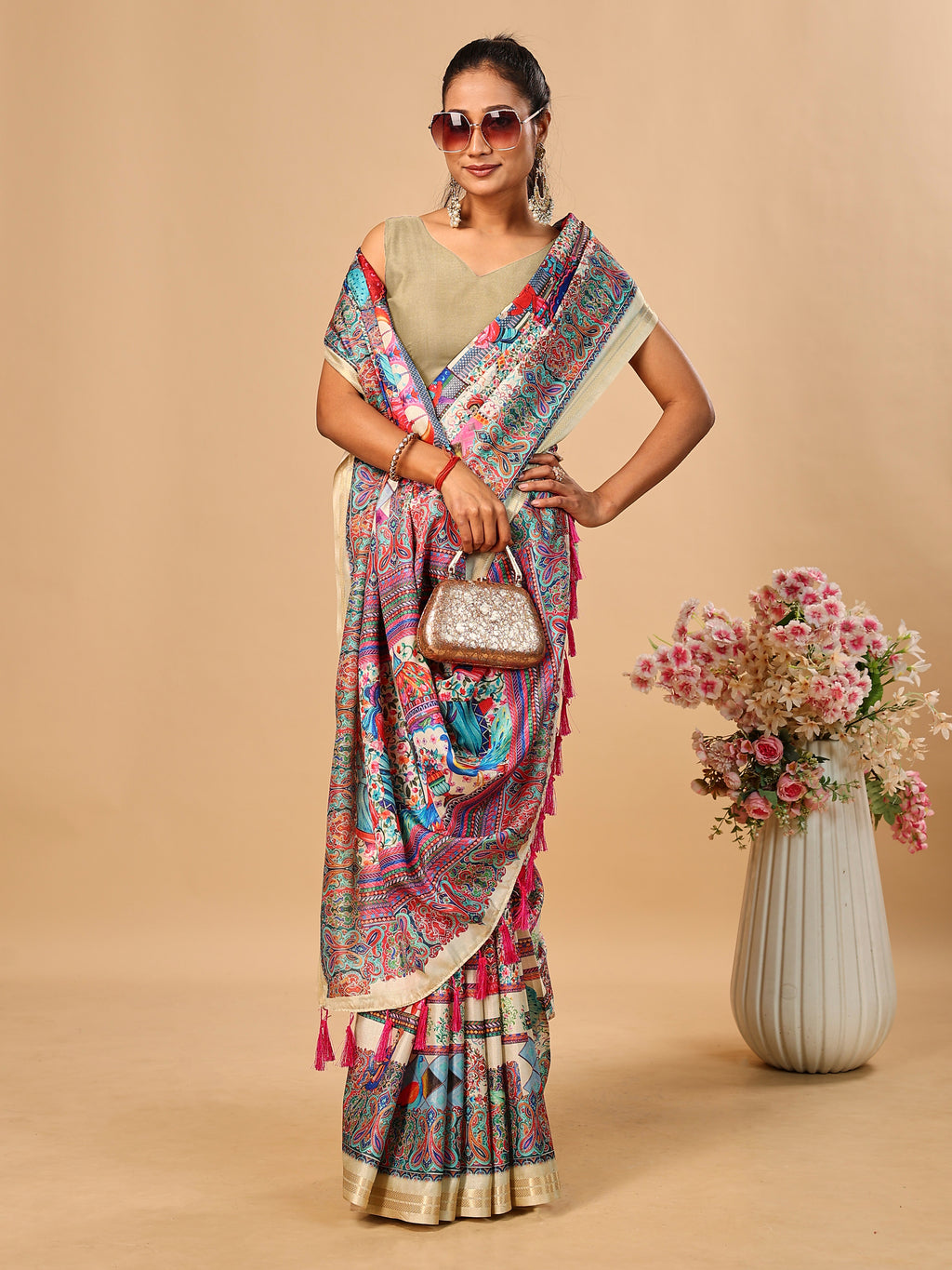 Cream Soft Tussar Silk Saree with Postion Pashmina Digital Prints