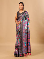 Black Soft Tussar Silk Saree with Position Pashmina Digital Prints