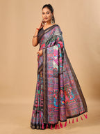 Black Soft Tussar Silk Saree with Position Pashmina Digital Prints