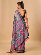 Black Soft Tussar Silk Saree with Position Pashmina Digital Prints