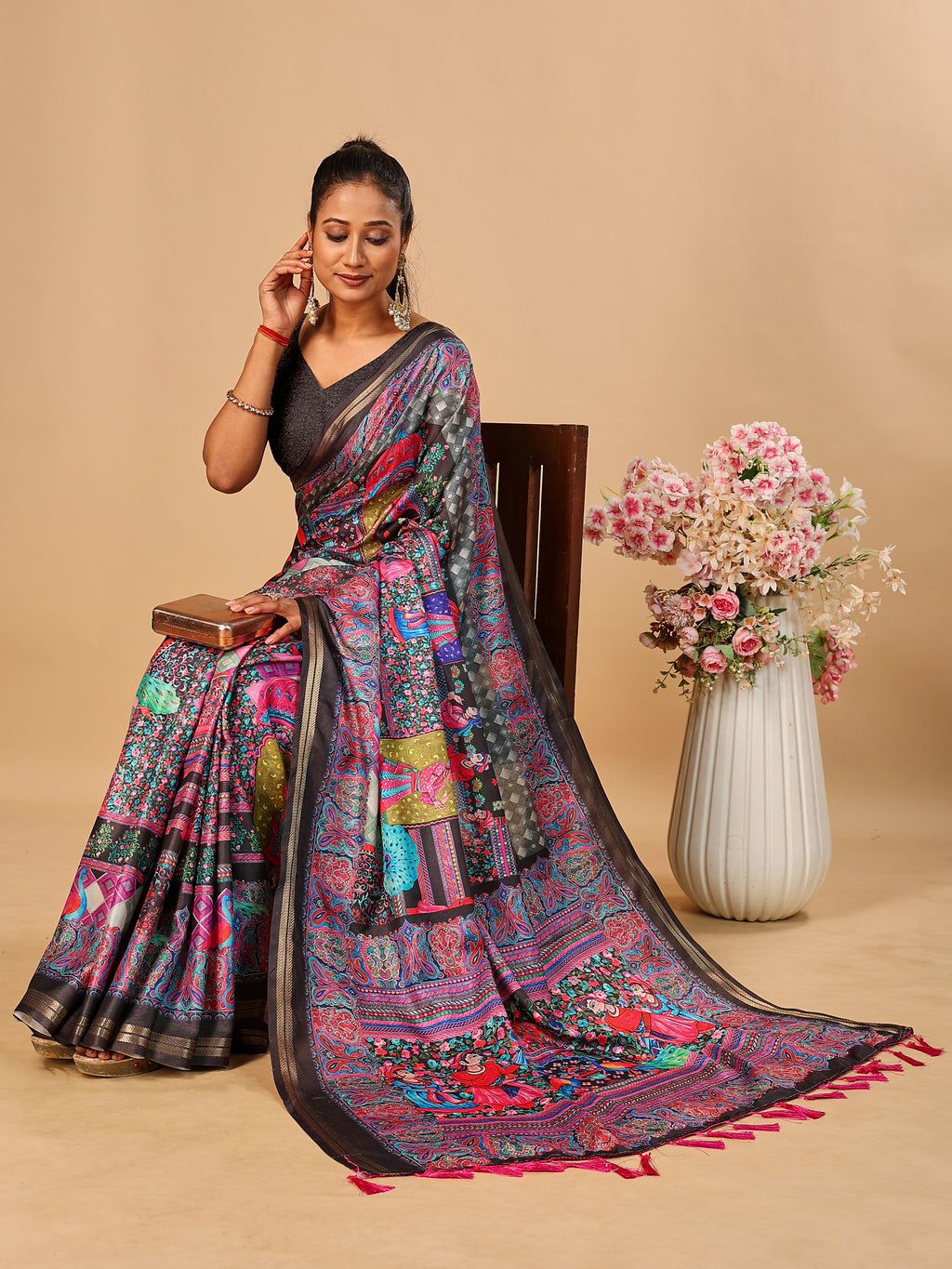 Black Soft Tussar Silk Saree with Position Pashmina Digital Prints