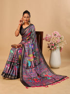 Black Soft Tussar Silk Saree with Position Pashmina Digital Prints