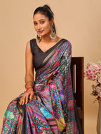Black Soft Tussar Silk Saree with Position Pashmina Digital Prints