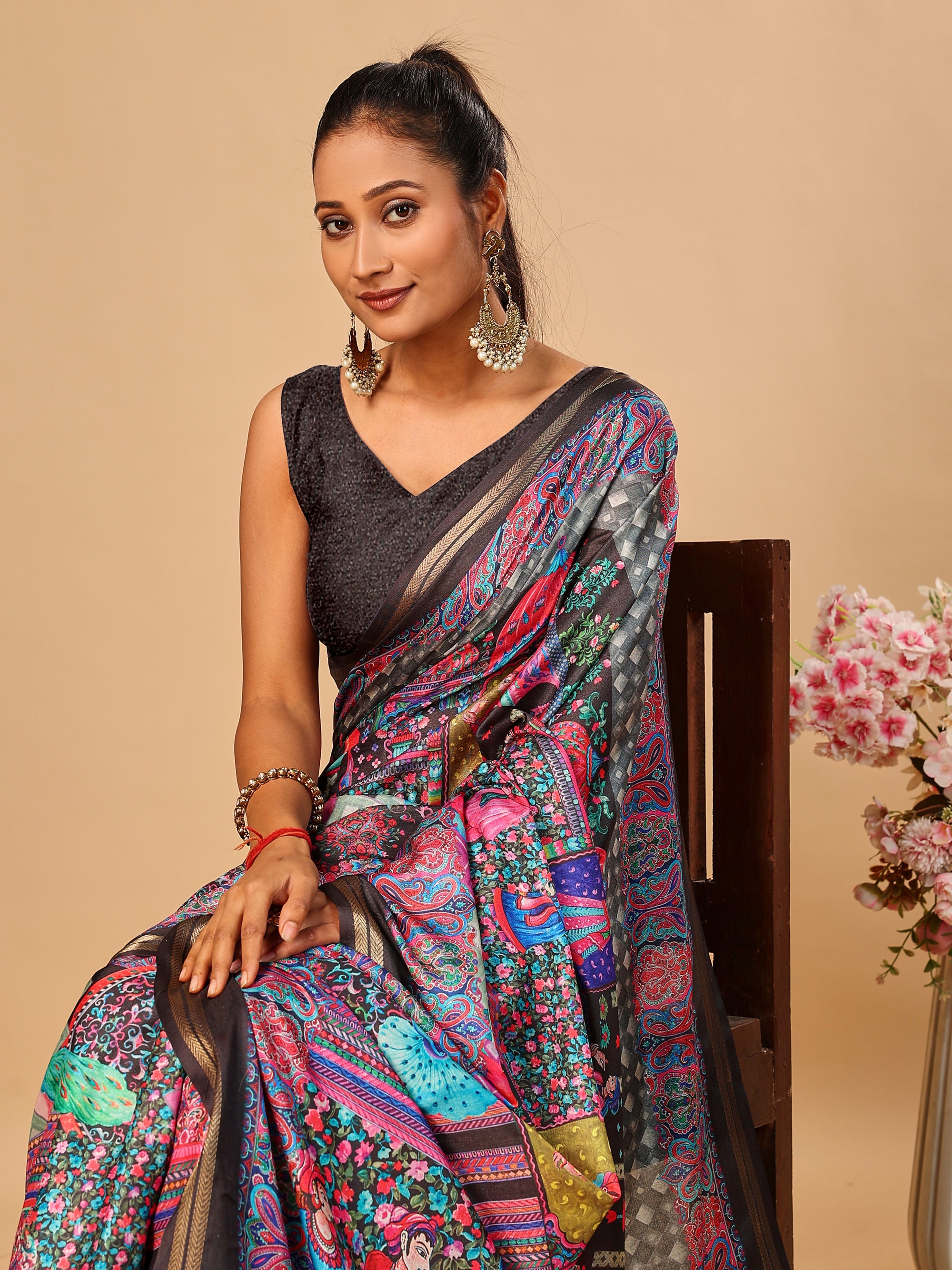 Black Soft Tussar Silk Saree with Position Pashmina Digital Prints