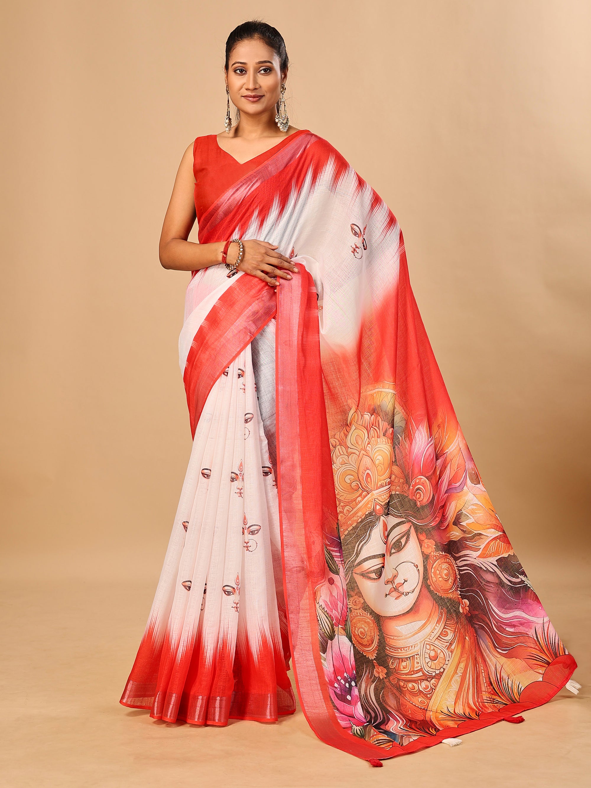 Red-White Durga Pooja Digital Printed Soft Linen Cotton Saree – Design 4: Durga Eye