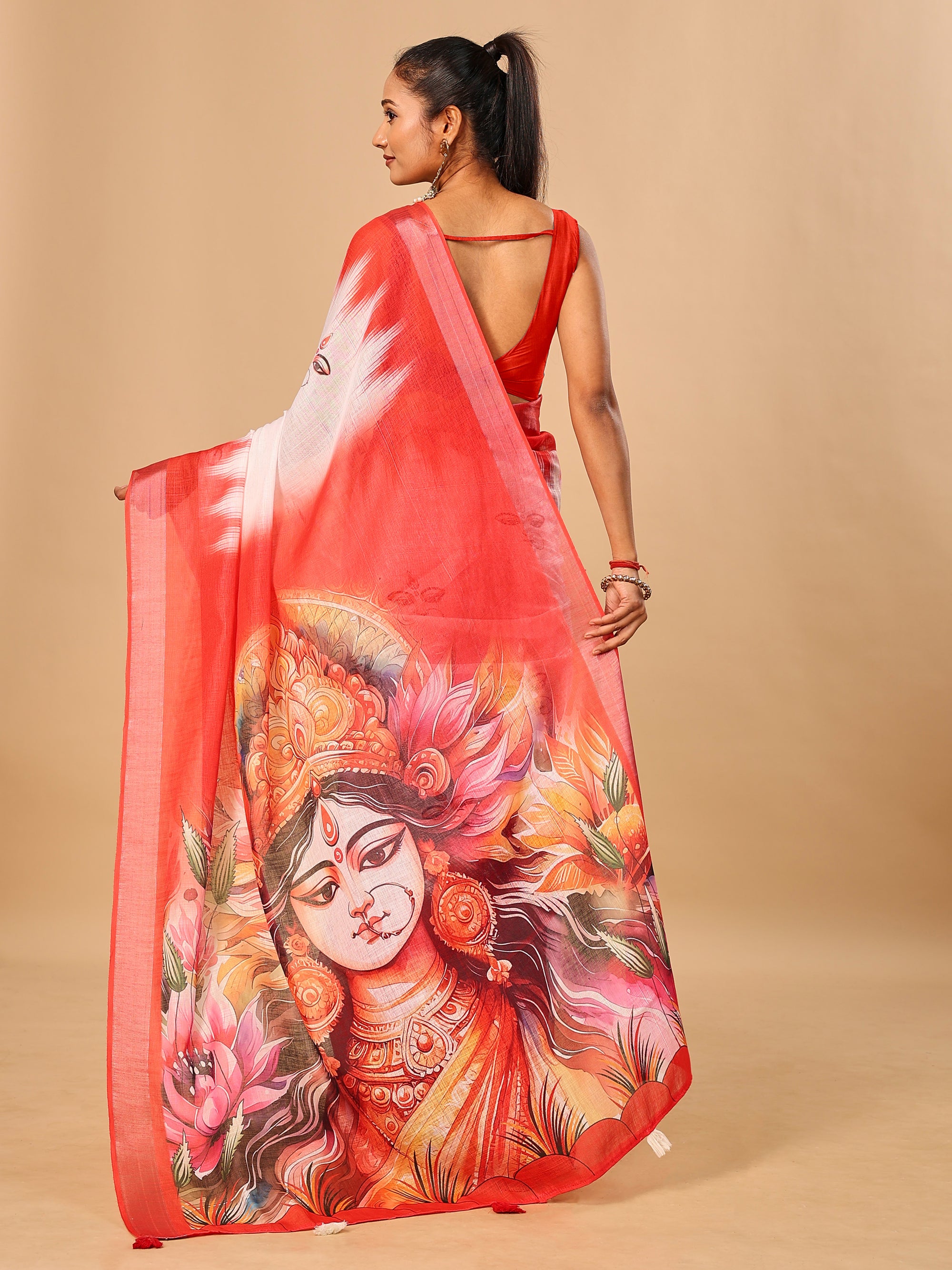 Red-White Durga Pooja Digital Printed Soft Linen Cotton Saree – Design 4: Durga Eye