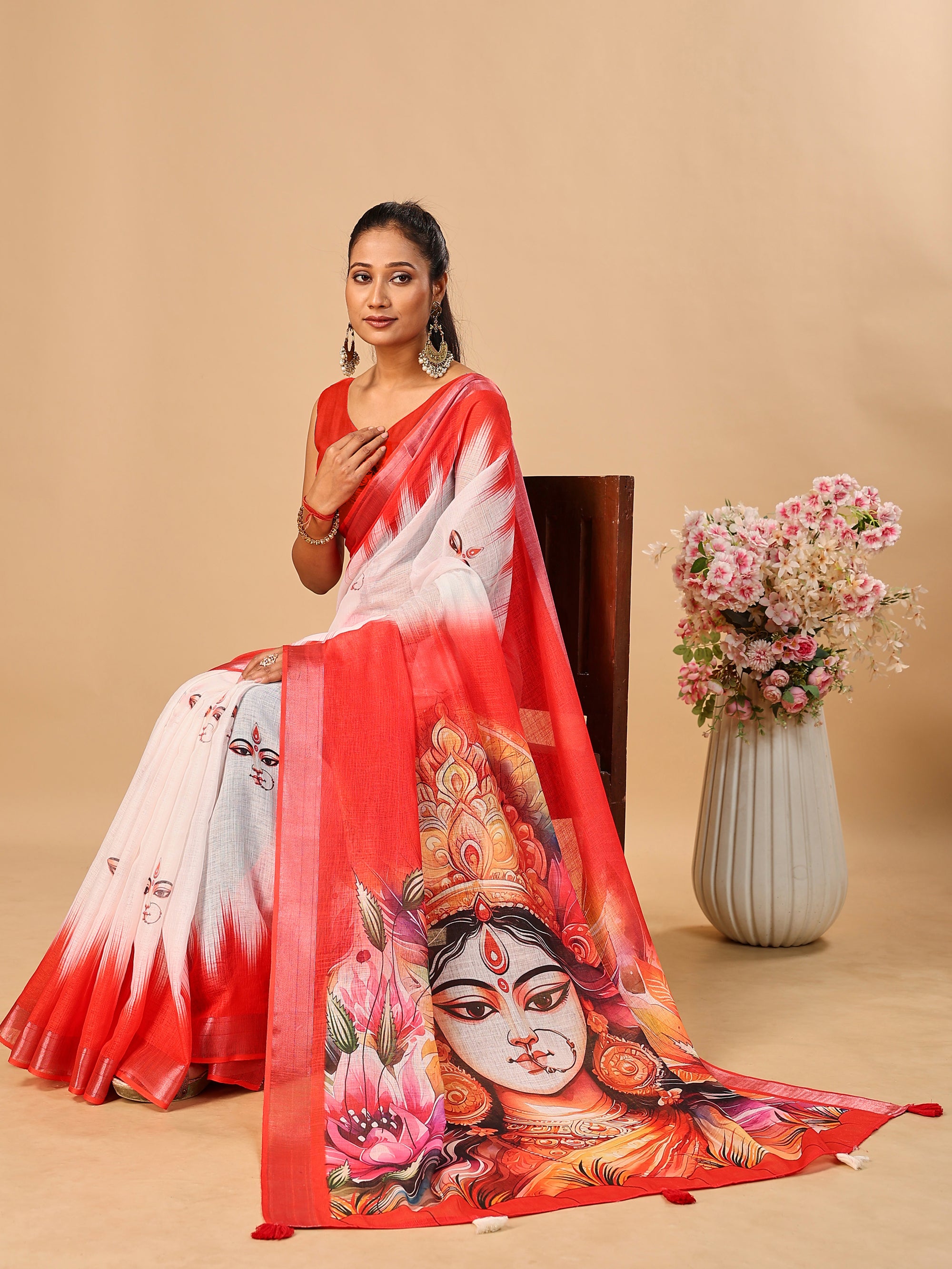 Red-White Durga Pooja Digital Printed Soft Linen Cotton Saree – Design 4: Durga Eye