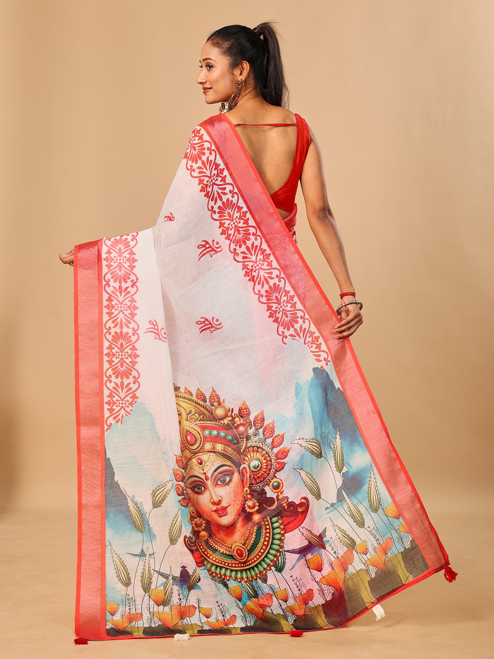 Red-White Durga Pooja Digital Printed Soft Linen Cotton Saree – Design 6: Maa Durga Print