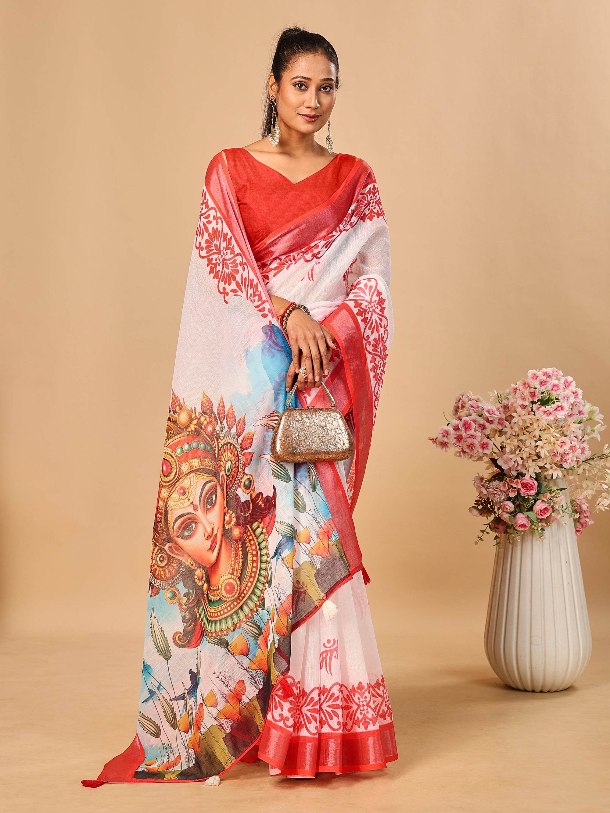 Red-White Durga Pooja Digital Printed Soft Linen Cotton Saree – Design 6: Maa Durga Print