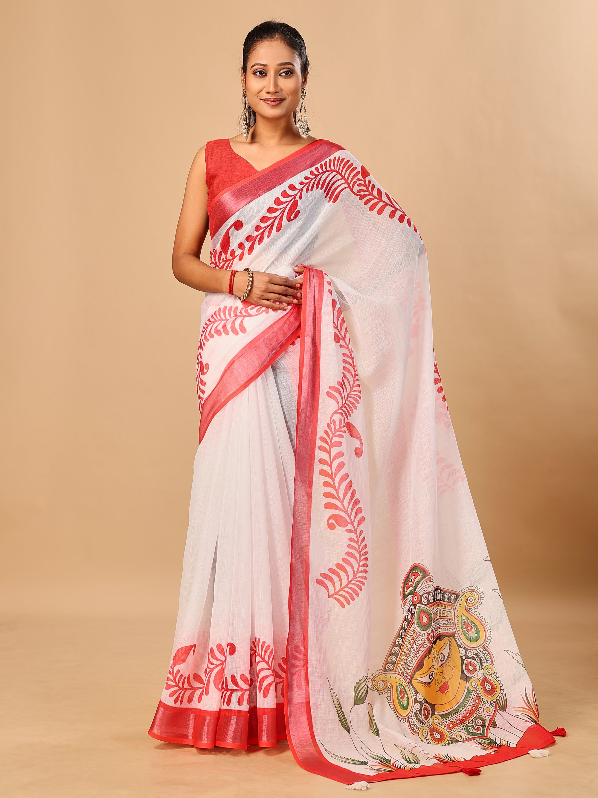 Red-White Durga Pooja Soft Linen Cotton Saree – Design 5: Plain White Body with Red Floral Border