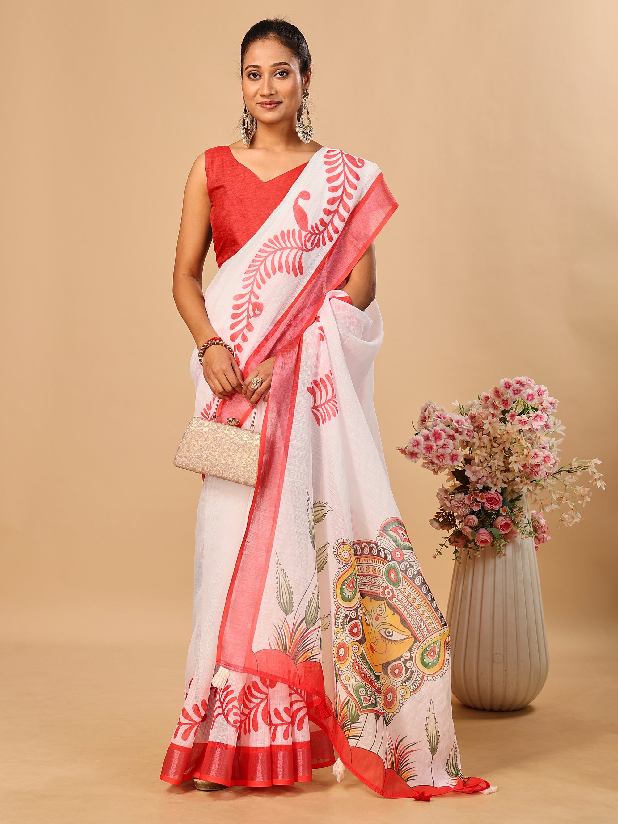 Red-White Durga Pooja Soft Linen Cotton Saree – Design 5: Plain White Body with Red Floral Border