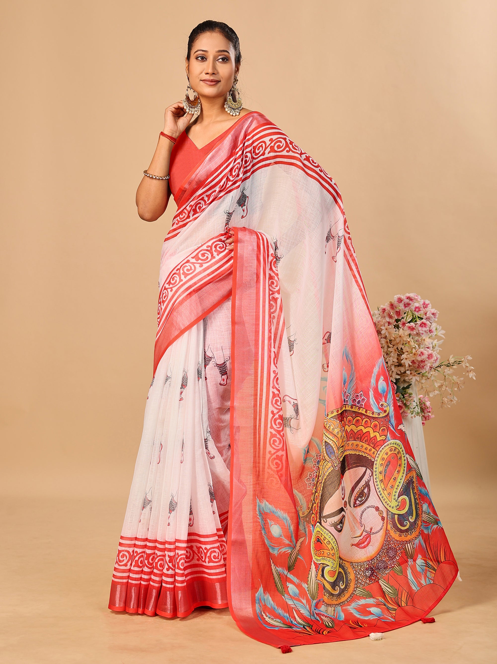 Red-White Durga Pooja Digital Printed Soft Linen Cotton Saree – Design 2: Durga Feet with Payal