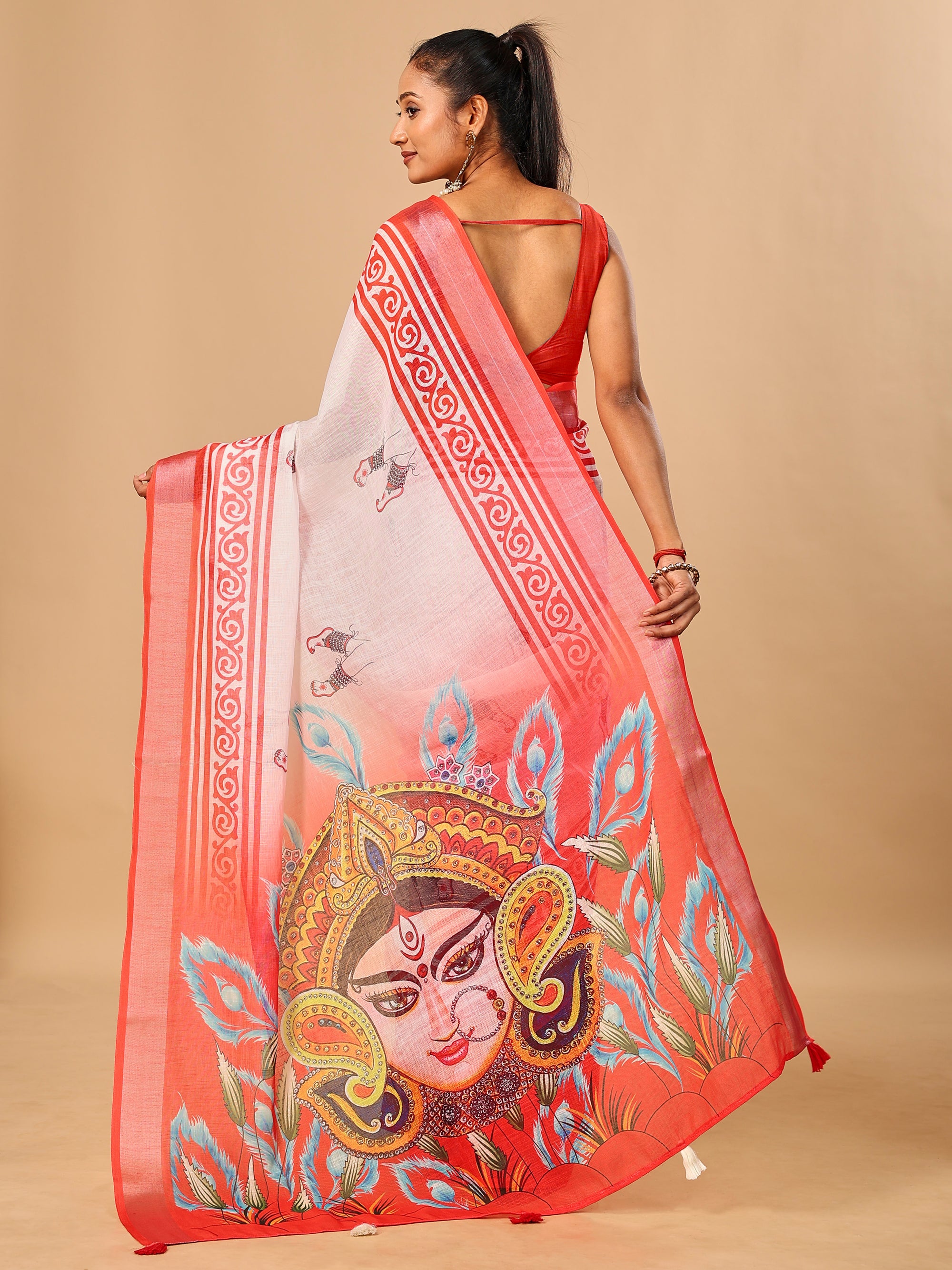 Red-White Durga Pooja Digital Printed Soft Linen Cotton Saree – Design 2: Durga Feet with Payal