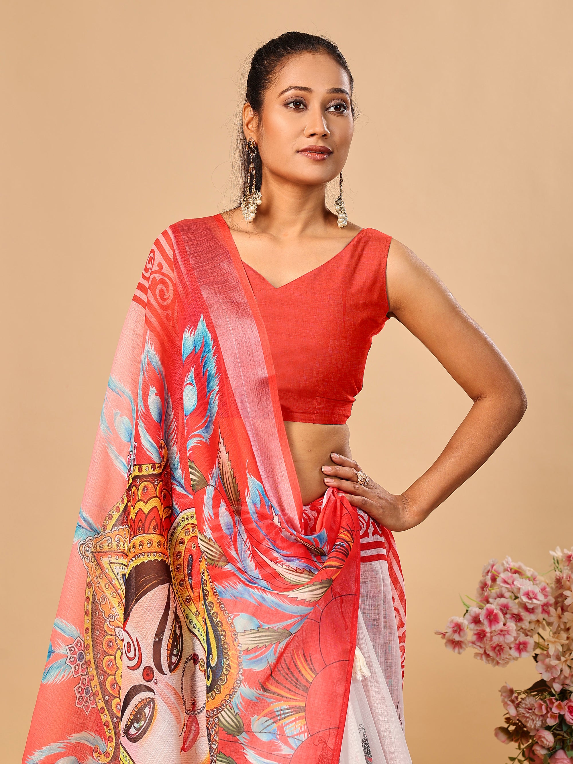 Red-White Durga Pooja Digital Printed Soft Linen Cotton Saree – Design 2: Durga Feet with Payal