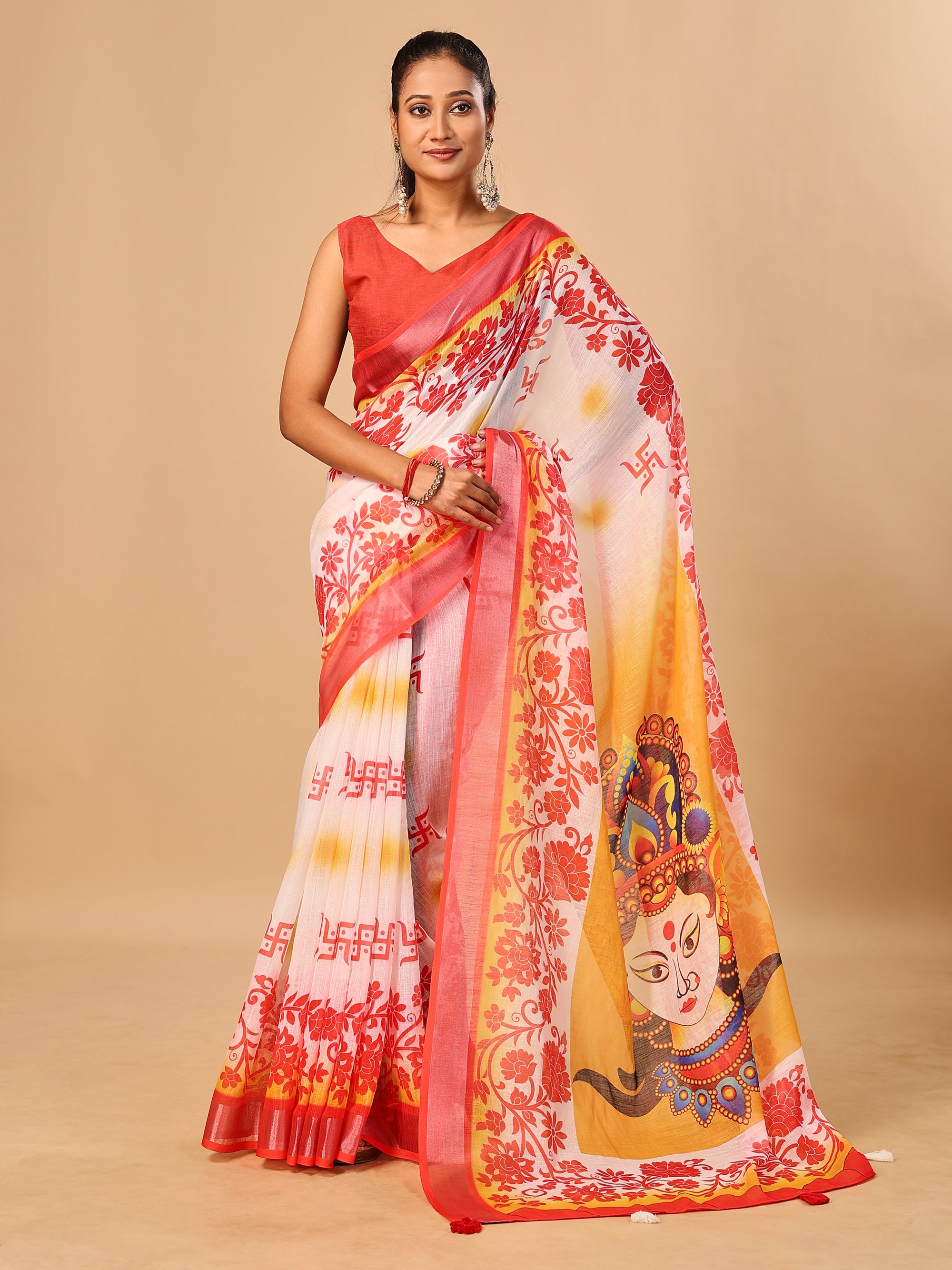 Red-White Durga Pooja Digital Printed Soft Linen Cotton Saree – Design 3: Swastik with Floral Border