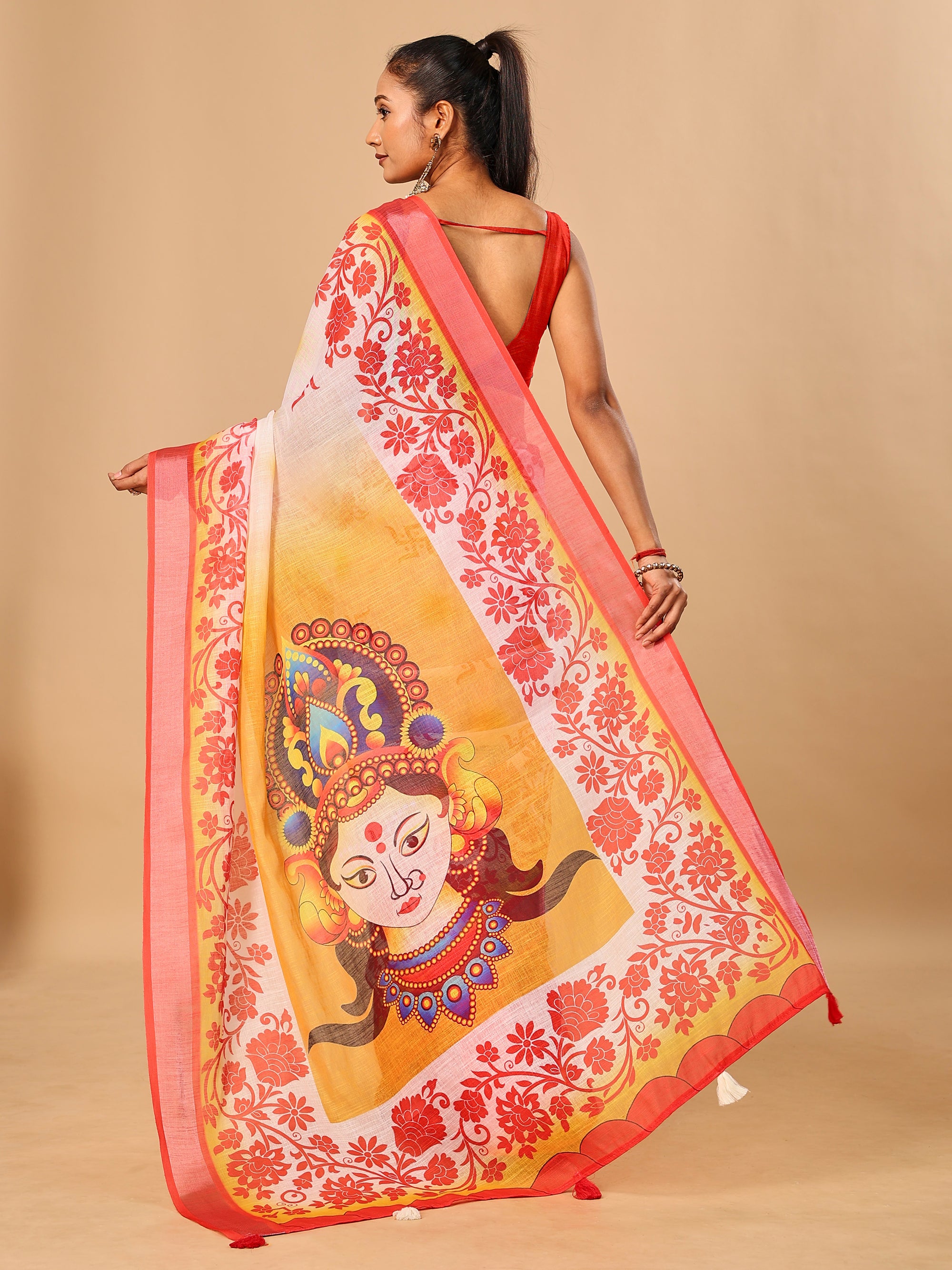 Red-White Durga Pooja Digital Printed Soft Linen Cotton Saree – Design 3: Swastik with Floral Border