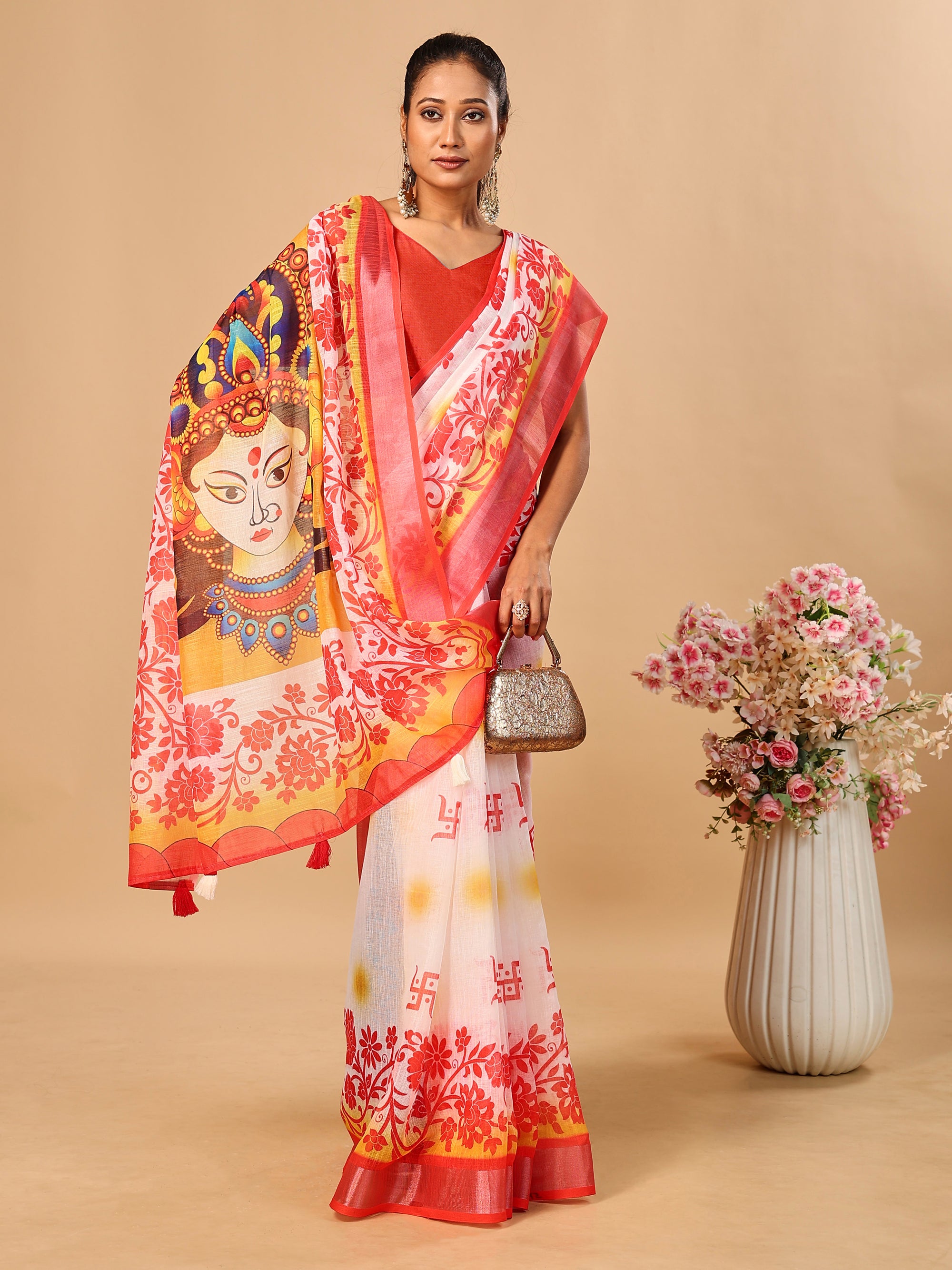 Red-White Durga Pooja Digital Printed Soft Linen Cotton Saree – Design 3: Swastik with Floral Border