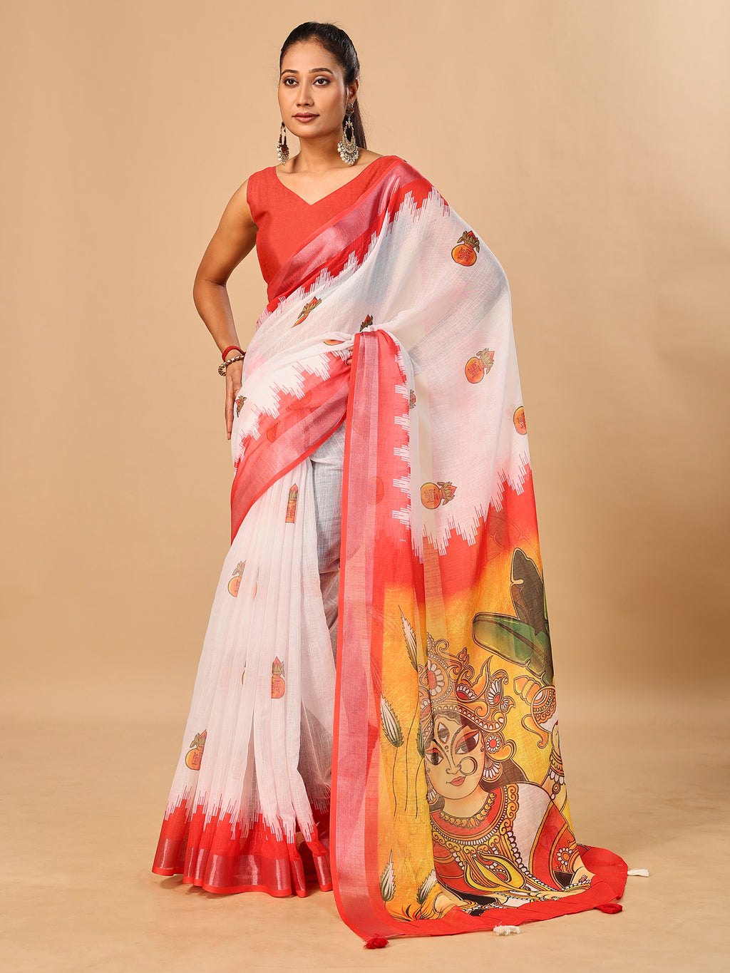 Red-White Durga Pooja Digital Printed Soft Linen Cotton Saree – Design 1: Kalash with Swastik