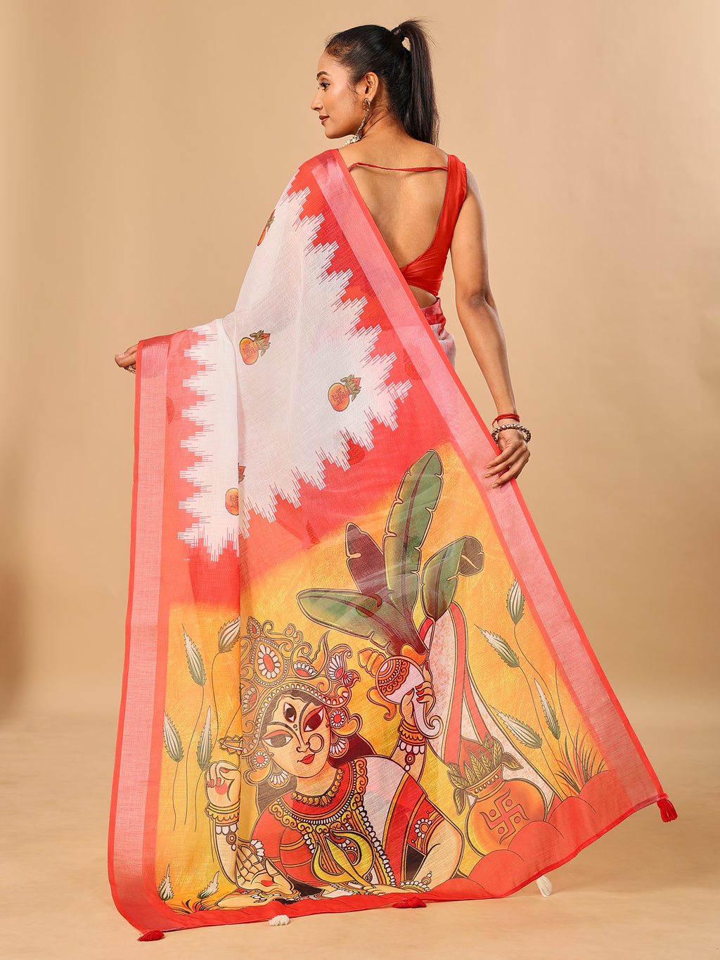 Red-White Durga Pooja Digital Printed Soft Linen Cotton Saree – Design 1: Kalash with Swastik