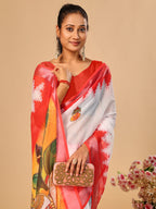 Red-White Durga Pooja Digital Printed Soft Linen Cotton Saree – Design 1: Kalash with Swastik