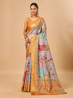 Grey Soft Tussar Silk Saree with Pen Kalamkari Digital Prints