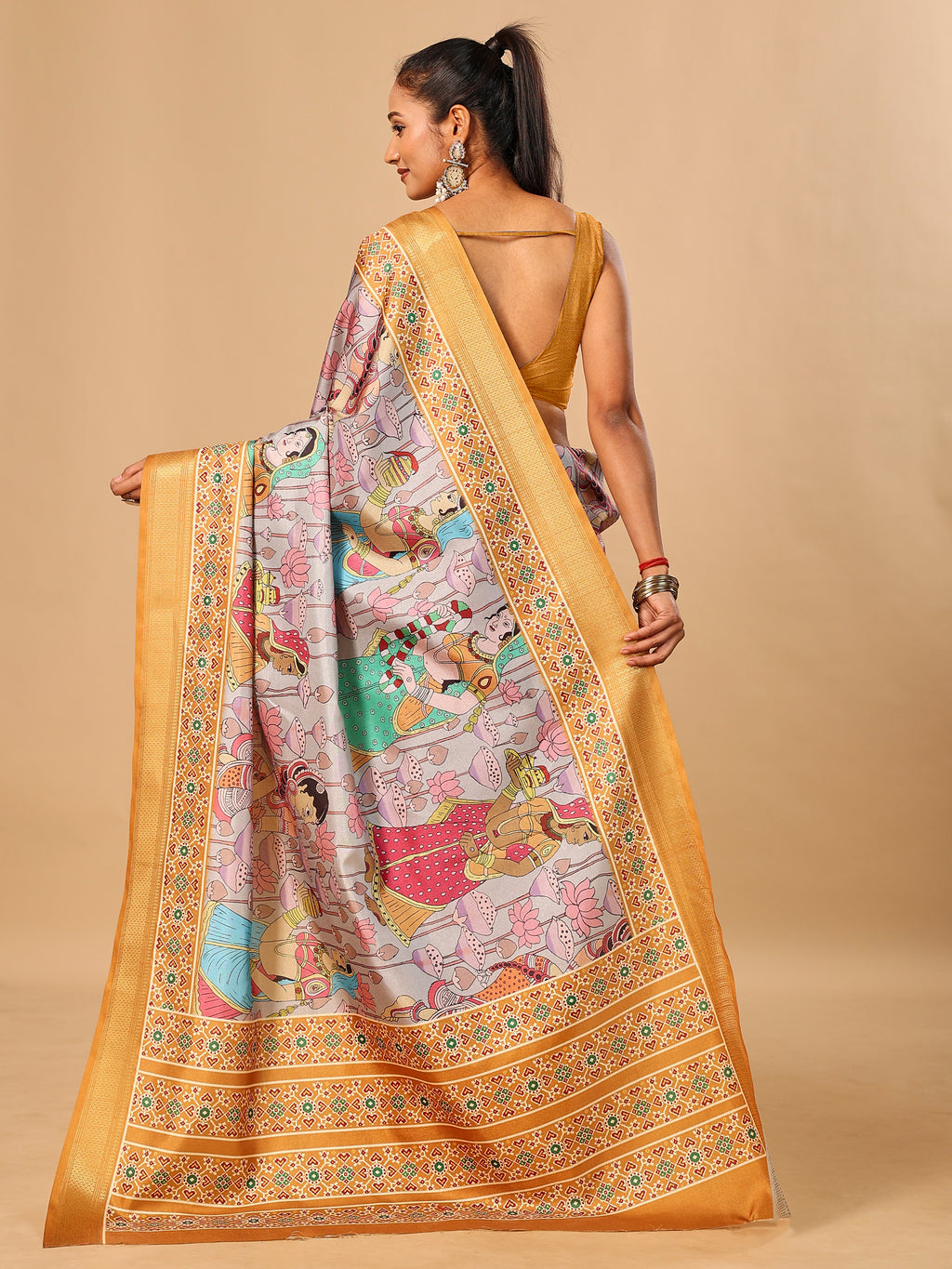 Grey Soft Tussar Silk Saree with Pen Kalamkari Digital Prints