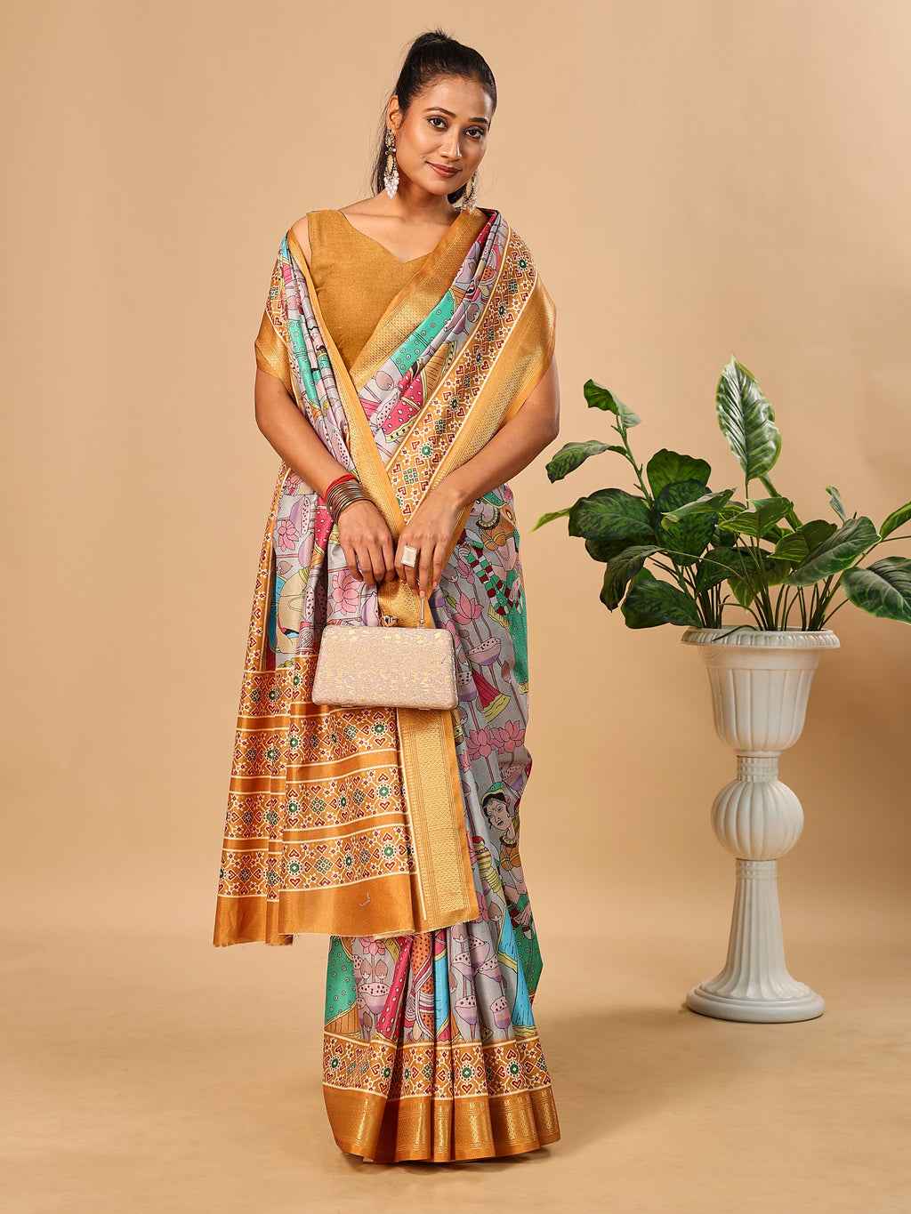 Grey Soft Tussar Silk Saree with Pen Kalamkari Digital Prints