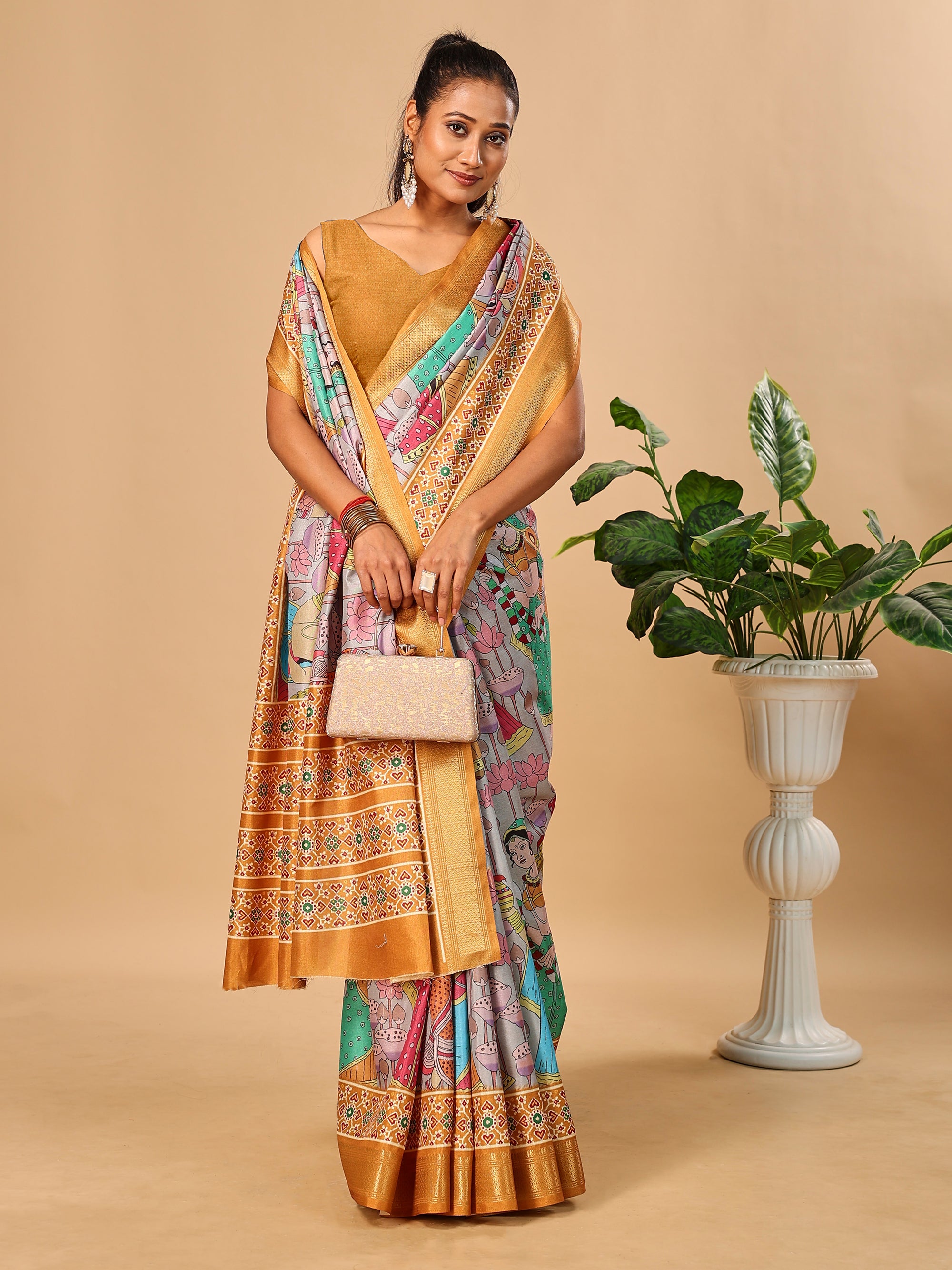 Grey Soft Tussar Silk Saree with Pen Kalamkari Digital Prints