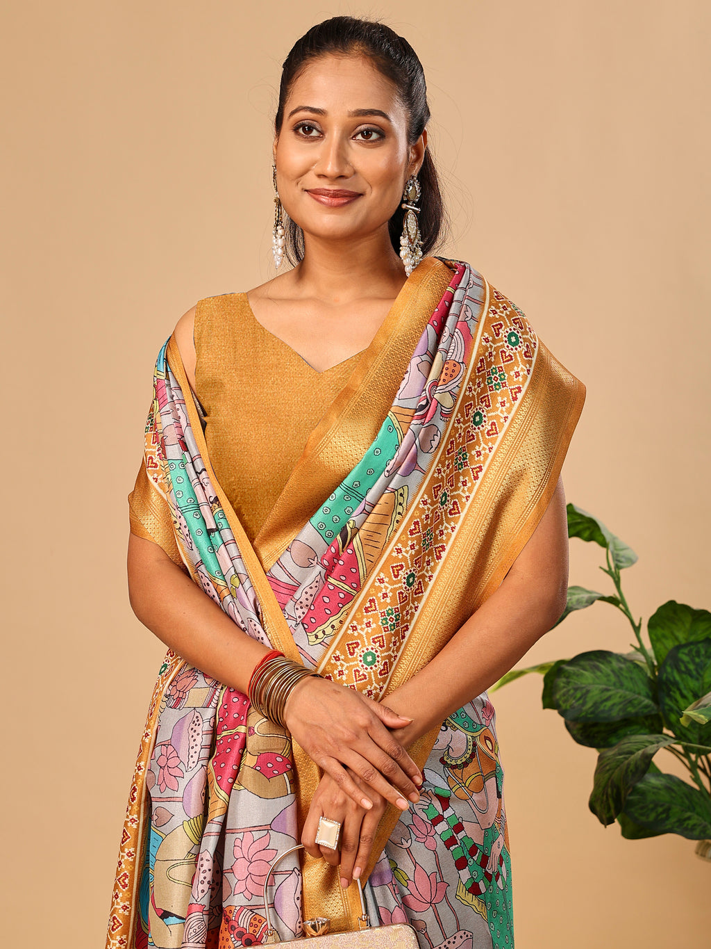 Grey Soft Tussar Silk Saree with Pen Kalamkari Digital Prints