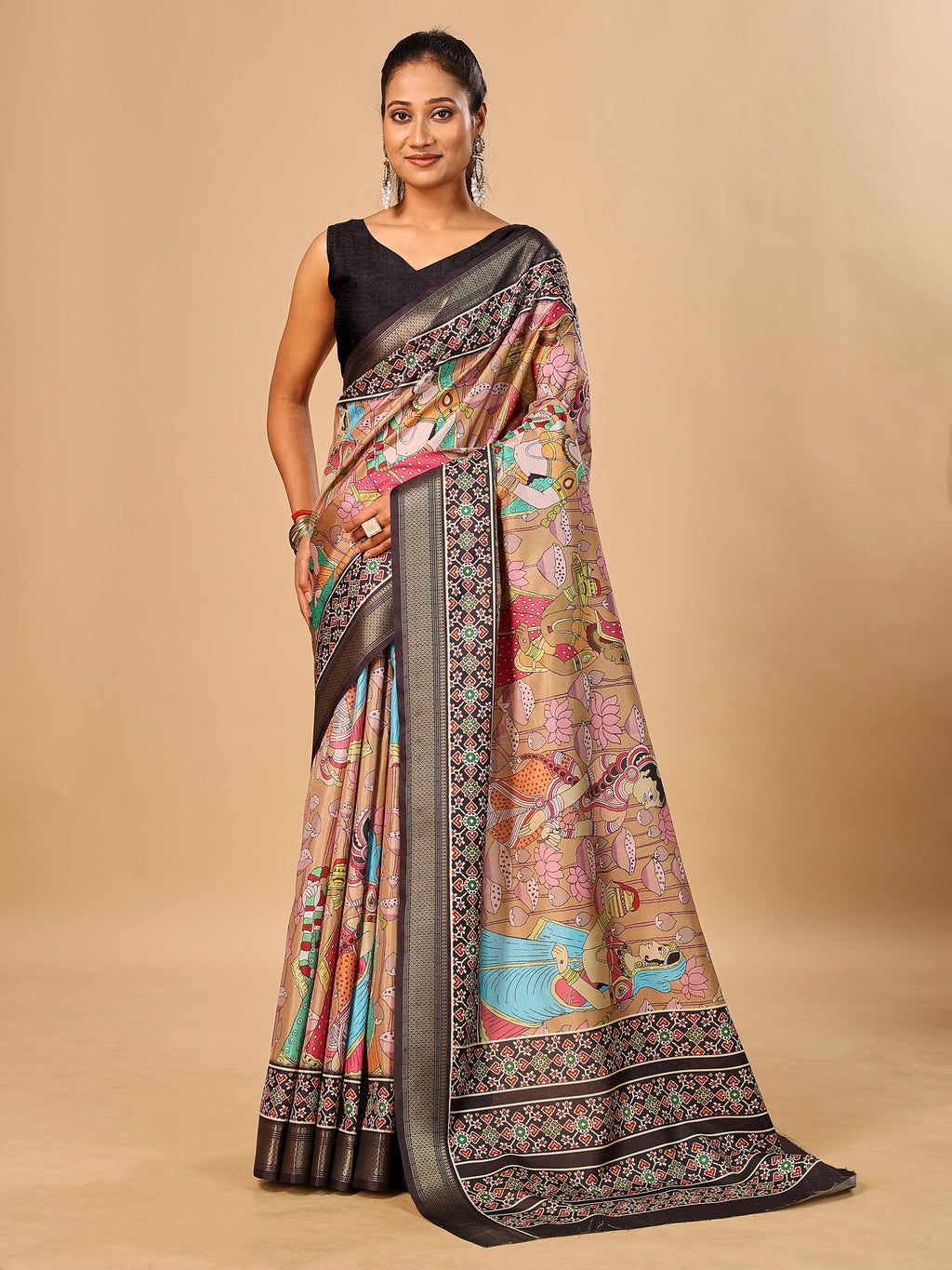 Rust Soft Tussar Silk Saree with Pen Kalamkari Digital Prints
