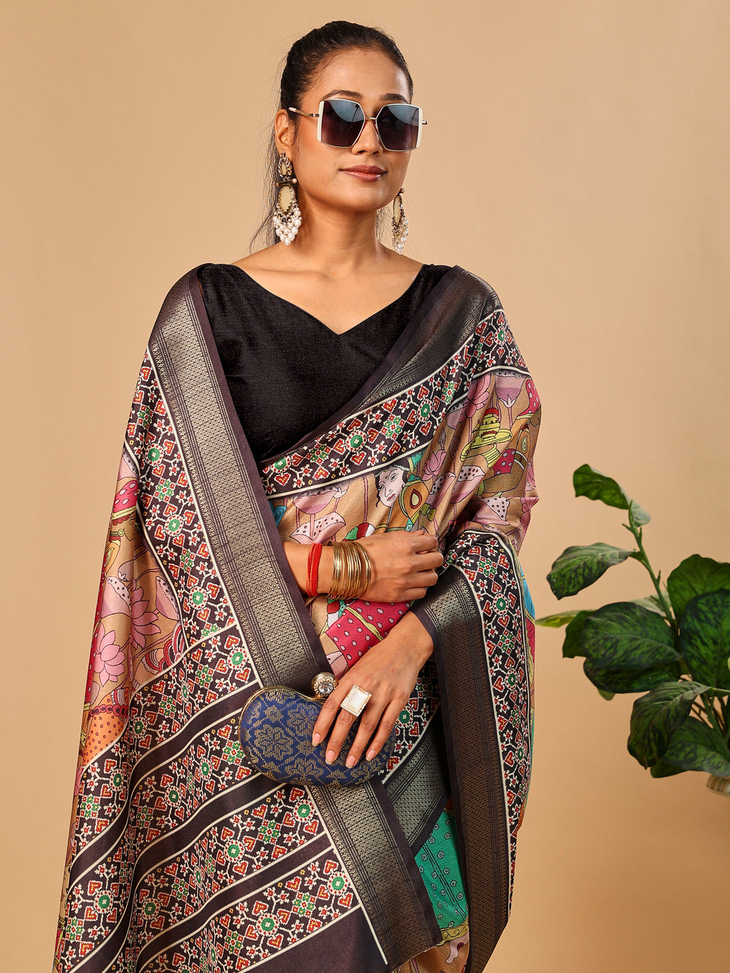 Rust Soft Tussar Silk Saree with Pen Kalamkari Digital Prints