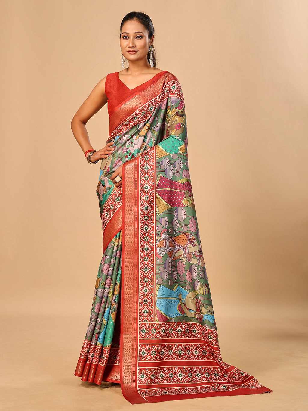 Mehendi Soft Tussar Silk Saree with Pen Kalamkari Digital Prints
