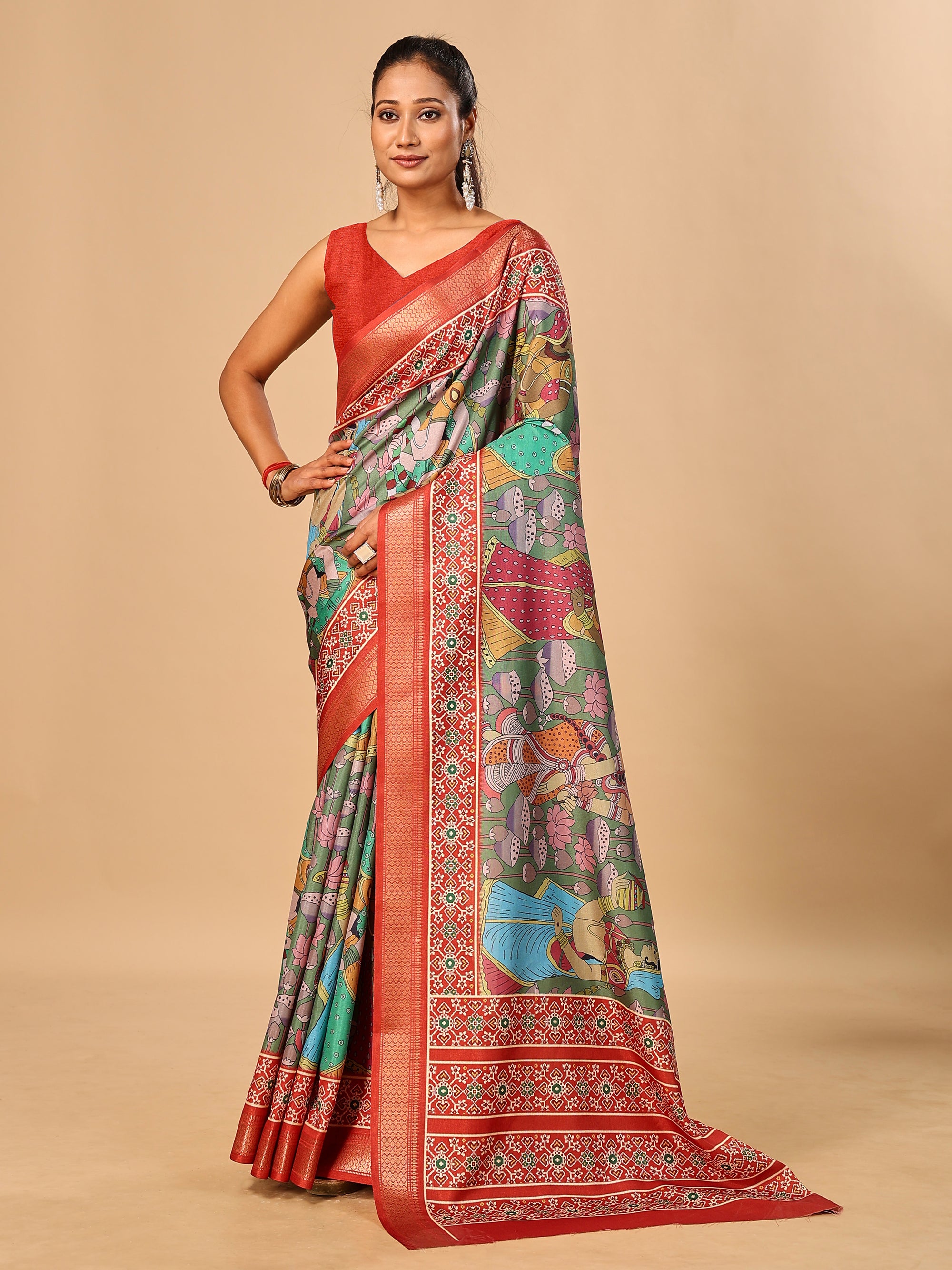 Mehendi Soft Tussar Silk Saree with Pen Kalamkari Digital Prints