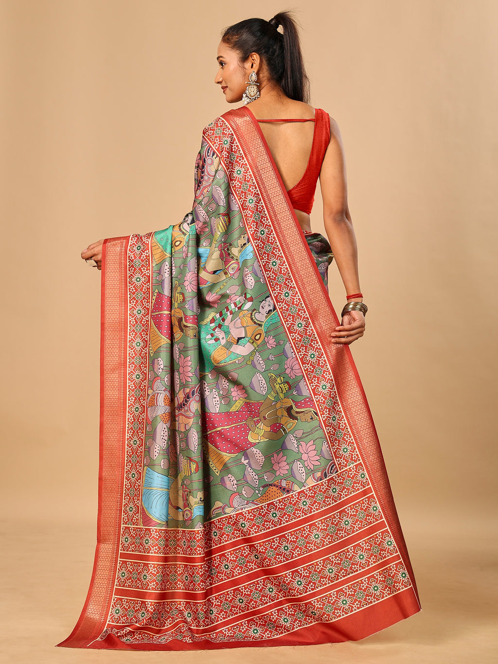 Mehendi Soft Tussar Silk Saree with Pen Kalamkari Digital Prints