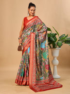Mehendi Soft Tussar Silk Saree with Pen Kalamkari Digital Prints