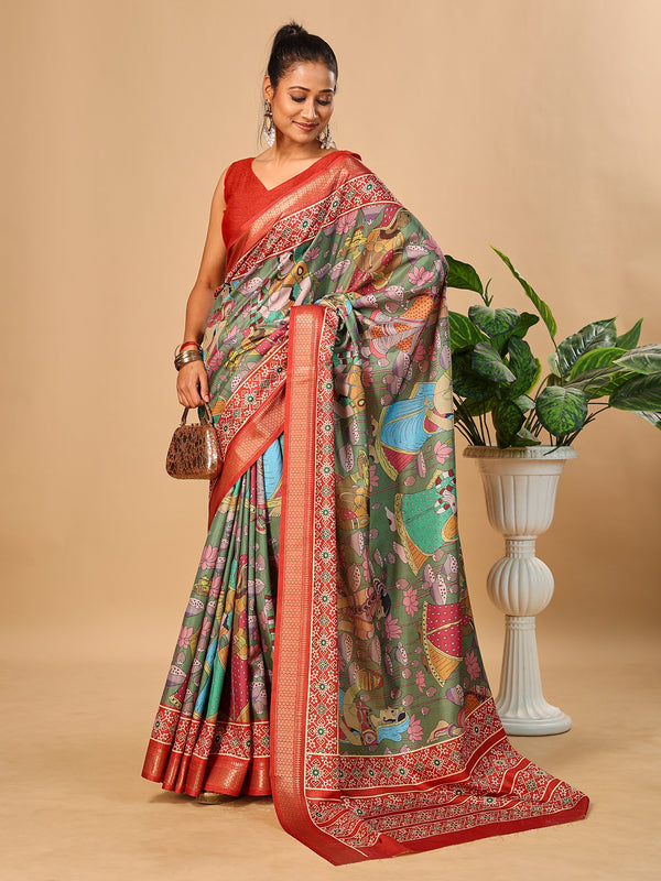 Mehendi Soft Tussar Silk Saree with Pen Kalamkari Digital Prints