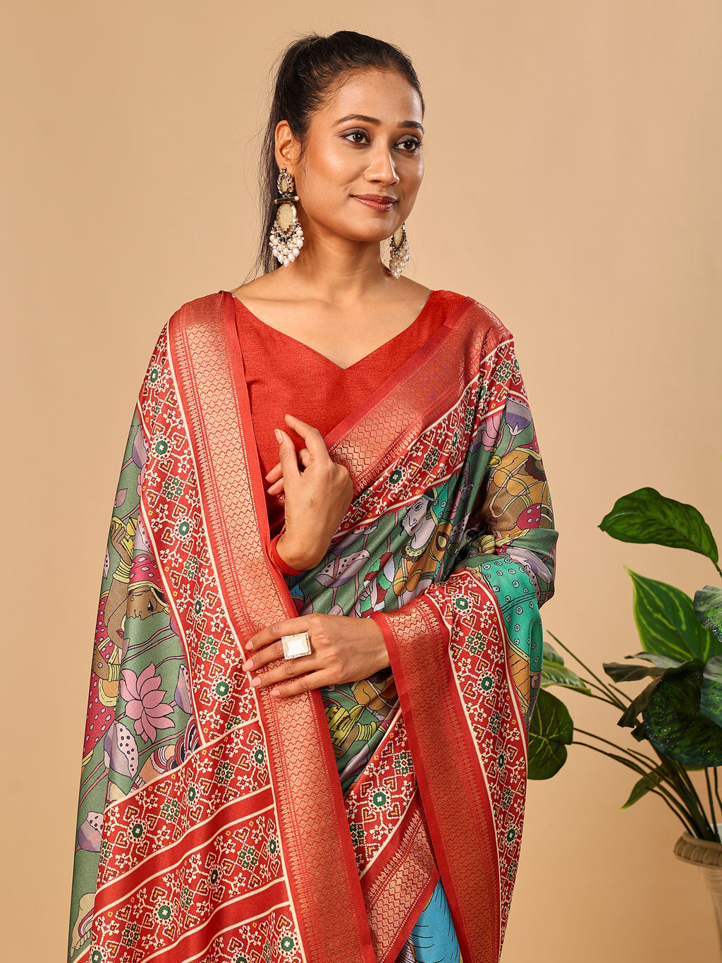 Mehendi Soft Tussar Silk Saree with Pen Kalamkari Digital Prints