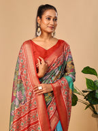 Mehendi Soft Tussar Silk Saree with Pen Kalamkari Digital Prints