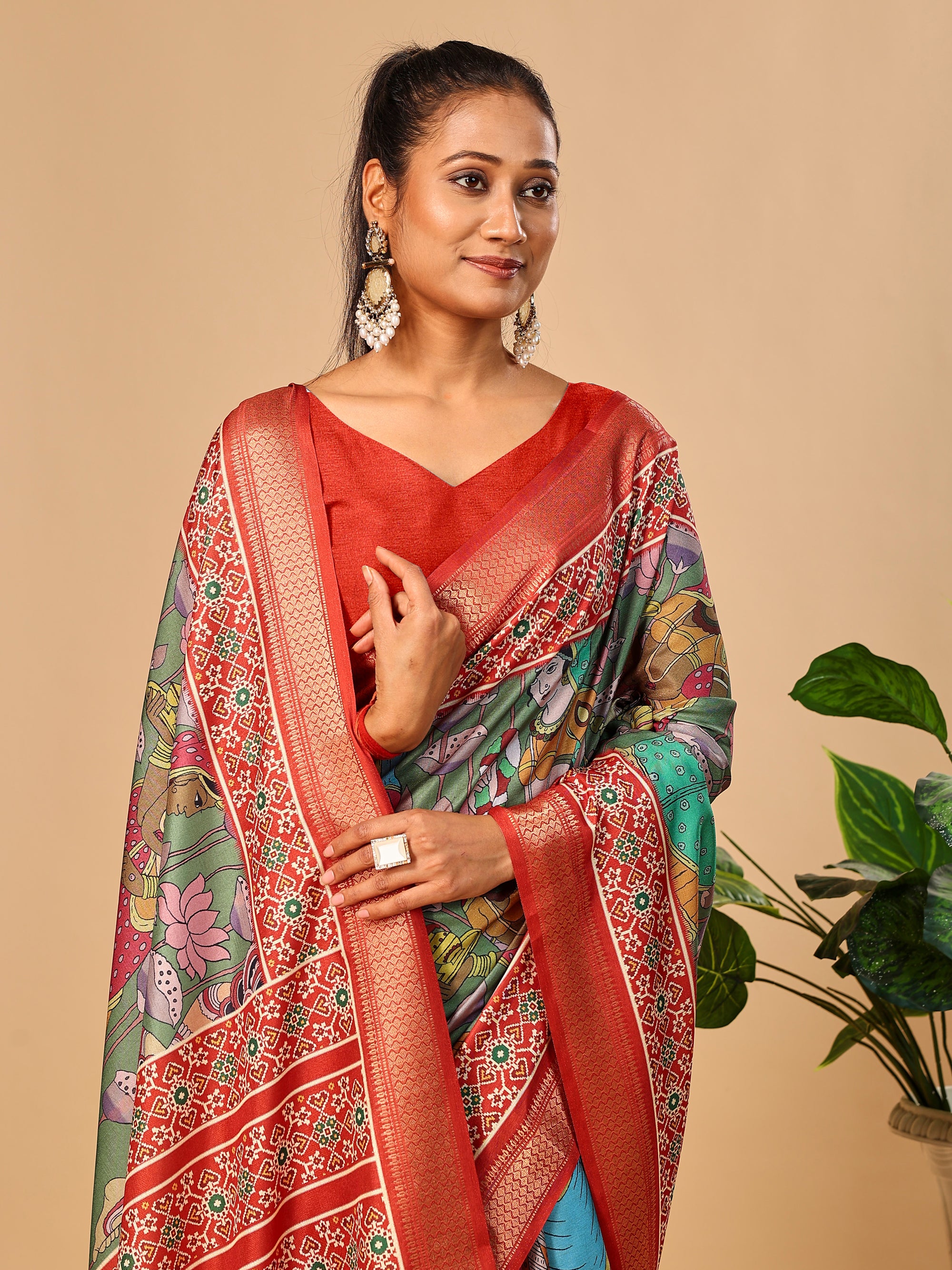 Mehendi Soft Tussar Silk Saree with Pen Kalamkari Digital Prints