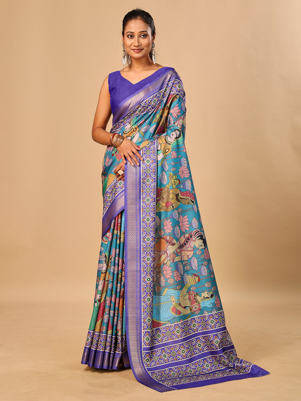 Blue Soft Tussar Silk Saree with Pen Kalamkari Digital Prints