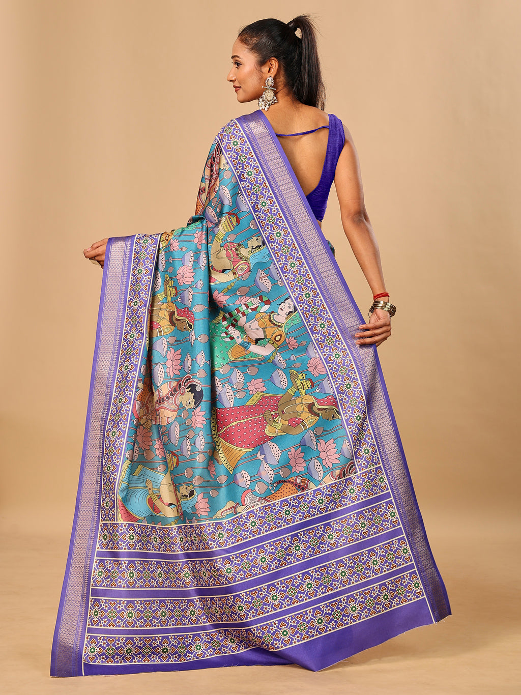 Blue Soft Tussar Silk Saree with Pen Kalamkari Digital Prints