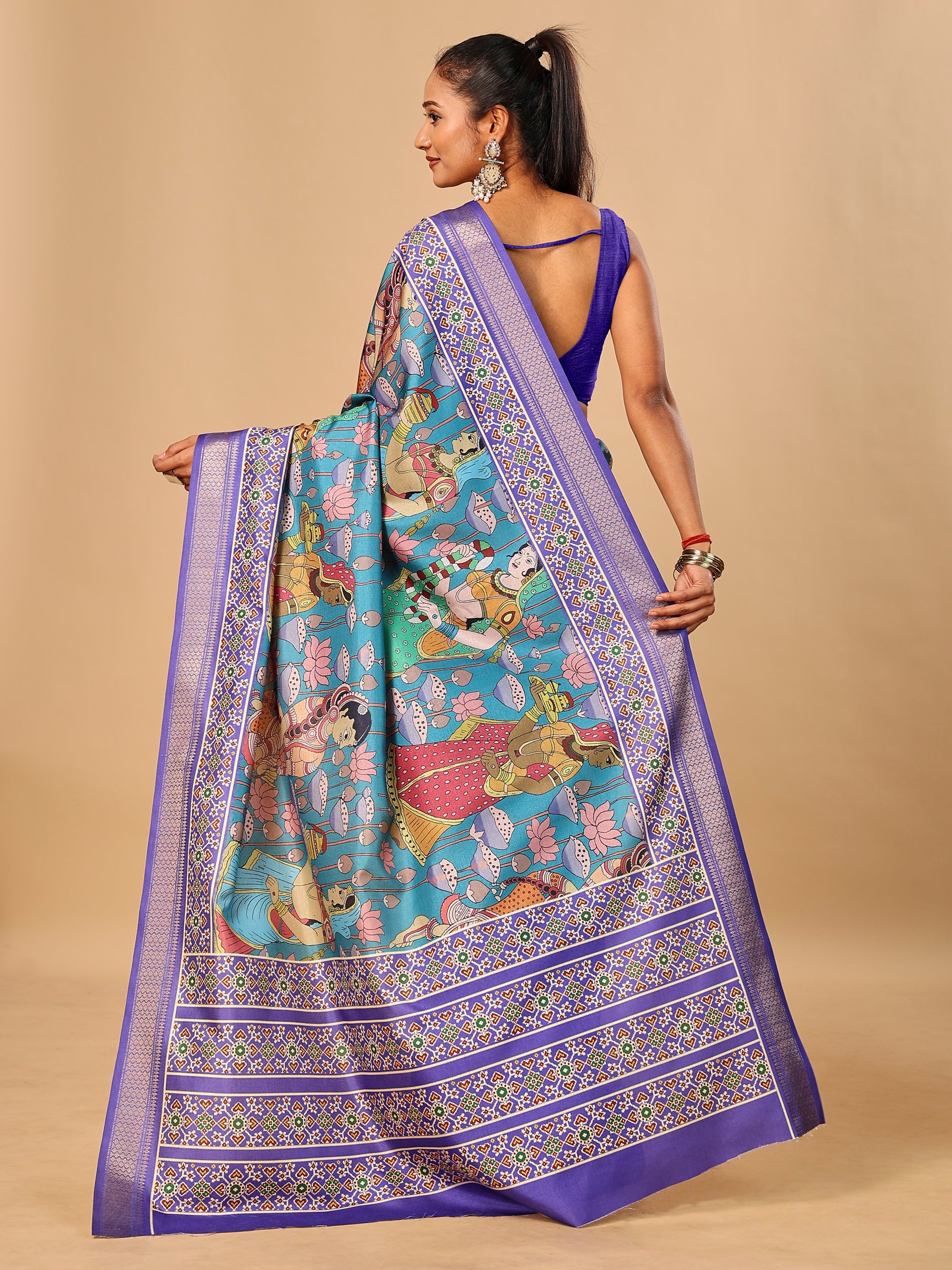 Blue Soft Tussar Silk Saree with Pen Kalamkari Digital Prints