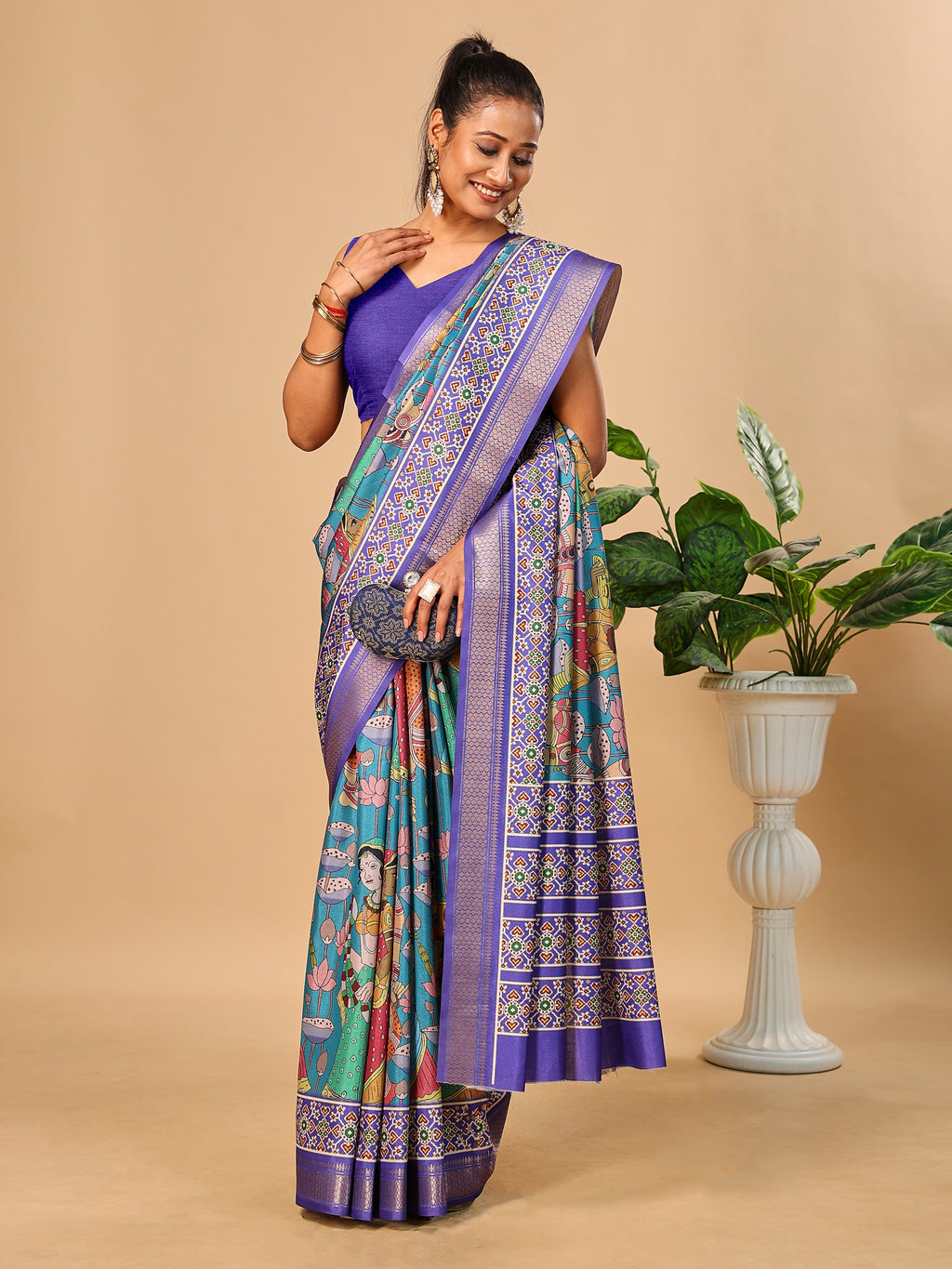 Blue Soft Tussar Silk Saree with Pen Kalamkari Digital Prints