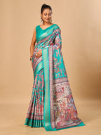 Teal Blue Soft Tussar Silk Saree with Pen Kalamkari Digital Prints