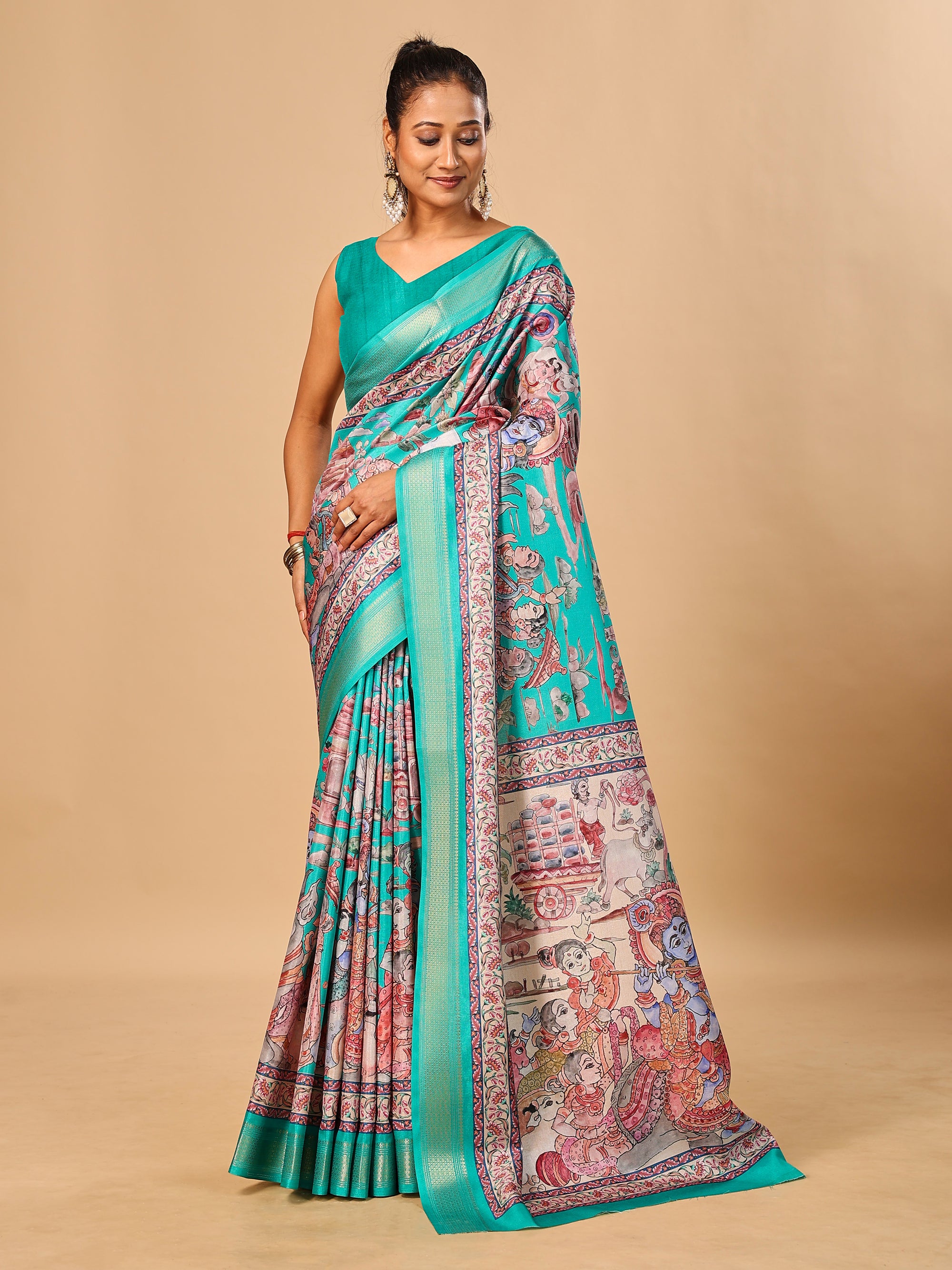 Teal Blue Soft Tussar Silk Saree with Pen Kalamkari Digital Prints
