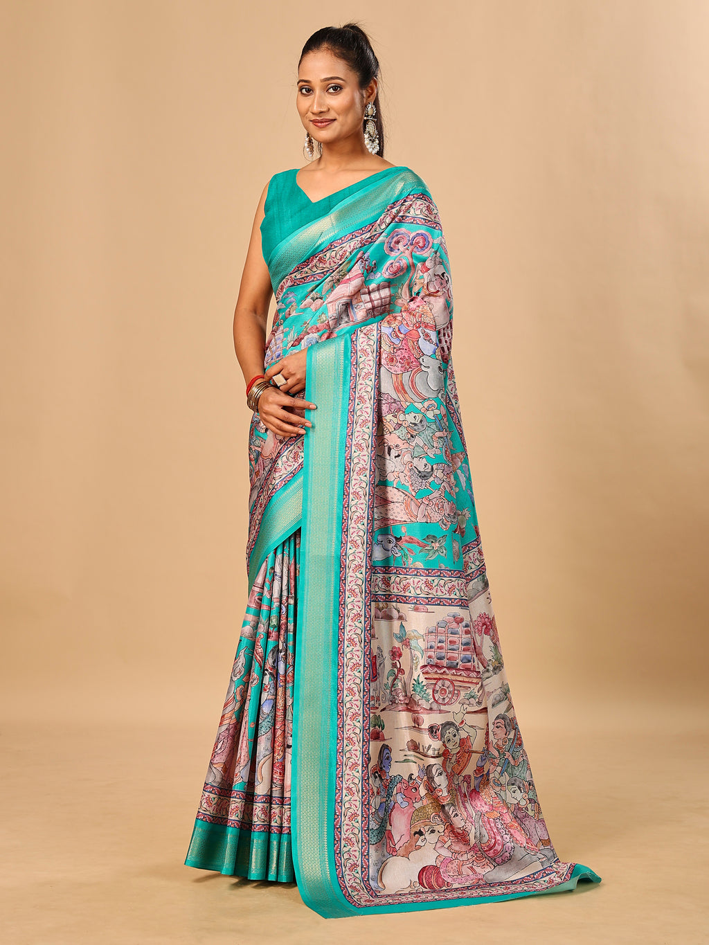 Teal Blue Soft Tussar Silk Saree with Pen Kalamkari Digital Prints