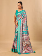 Teal Blue Soft Tussar Silk Saree with Pen Kalamkari Digital Prints