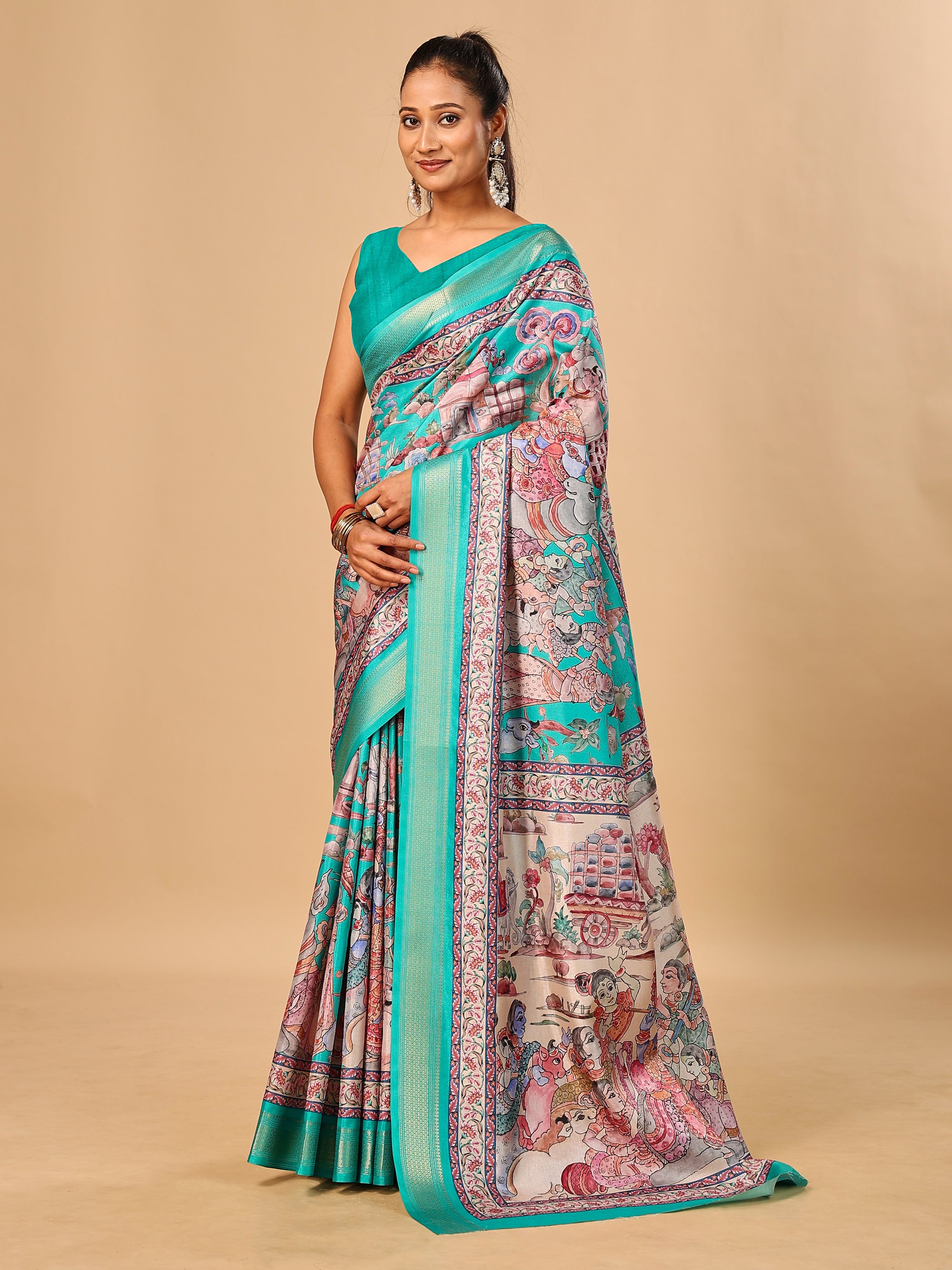 Teal Blue Soft Tussar Silk Saree with Pen Kalamkari Digital Prints