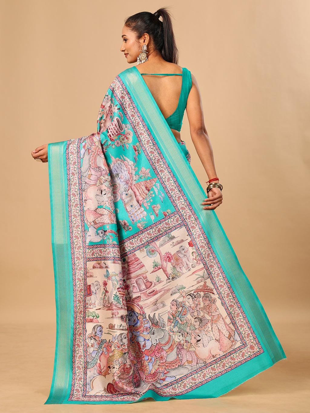 Teal Blue Soft Tussar Silk Saree with Pen Kalamkari Digital Prints